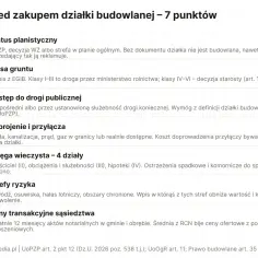 Lista 7 punktów przed zakupem działki budowlanej. Sprawdź klasę gruntu, dostęp do drogi, uzbrojenie, księgę wieczystą, strefy ryzyka i ceny transakcyjne.
