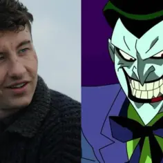 Barry Keoghan jako Joker, obok animowanej wersji tej postaci.