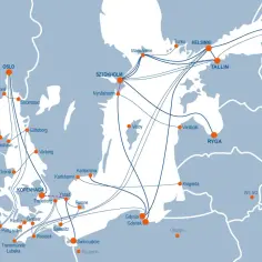 Mapa szlaków promowych: Polska, Norwegia, Szwecja, Dania, Finlandia, kraje bałtyckie.