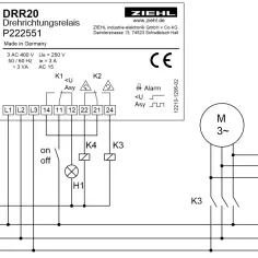 Schemat elektryczny z czujnikiem kolejności faz DRR20. Urządzenie monitoruje fazy L1, L2, L3 i steruje silnikiem trójfazowym M.