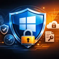 Tarcza z logo Windows, kłódka, chmura z kłódką, odcisk palca i dokument z lupą symbolizują bezpieczeństwo cyfrowe, jak u CyberGhost.