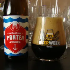 Nadmiernie schłodzony porter bałtycki w szkle, z butelką obok. Piana jest gęsta, ale zbyt szybko opada, co jest skutkiem zbyt niskiej temperatury serwowania piwa typu porter.