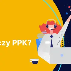 Grafika przedstawia kobietę w słuchawkach przy laptopie, obok tekst "PPE czy PPK?". Dowiedz się, ppe co to jest i jakie są różnice.