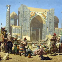 Scena z bazaru w Samarkandzie, ukazująca barwną mozaikę ludzi i zwierząt na tle wspaniałej architektury. To ucieleśnienie **orientalizmu w romantyzmie**.