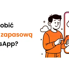 Ilustracja pokazuje, jak zrobić kopię zapasową WhatsApp. Mężczyzna trzyma telefon, a na ekranie widnieje ikona chmury z ikoną WhatsApp.