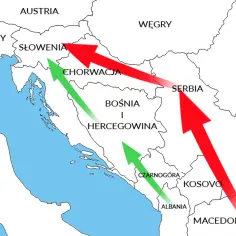Mapa pokazuje, z kim graniczy Chorwacja: Słowenia, Węgry, Serbia, Bośnia i Hercegowina. Strzałki wskazują kierunki migracji.