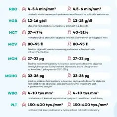 Wyniki morfologii: RBC, HGB, HCT, MCV, MCH, MCHC, WBC, PLT z podanymi normami.