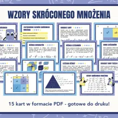 Wzory skróconego mnożenia: kwadraty, sześciany sum i różnic, trójkąt Pascala. 15 kart PDF.