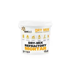 Białe wiadro z zaprawą szamotową Girtech Dry Mix, z ikonami pieców i kominów.