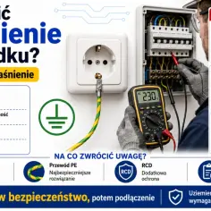Instrukcja bezpiecznego wykonania uziemienia w gniazdku. Pokazuje prawidłowe podłączenie przewodu PE, pomiary elektryczne i czego unikać.