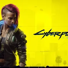 Kobieta z różowymi włosami i cybernetycznymi implantami trzyma broń. Obok logo gry Cyberpunk 2077, sugerujące wysokie wymagania sprzętowe.