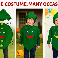 Zielony strój warzywo dla dziecka, z uśmiechniętą buźką i czapką. Idealny na Halloween lub bal przebierańców.
