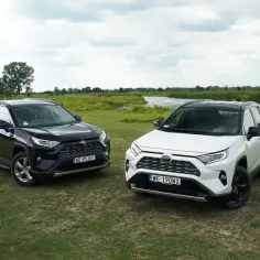 Dwa modele Toyota RAV4 2020, czarny i biały, stoją na trawie nad jeziorem.