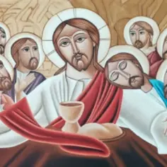 Ostatnia Wieczerza, gdzie Jezus, alter Christus, błogosławi chleb i wino. Apostołowie wokół niego wsłuchują się w jego słowa.