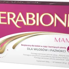 Opakowanie Kerabione Mama dla zdrowych włosów i paznokci, bezpieczne dla kobiet w ciąży i karmiących.