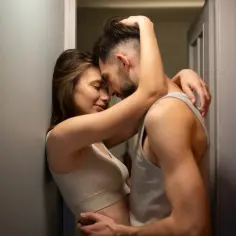 Para przytulająca się w intymnej chwili, sugerującej pozycje seksualne na stojąco.