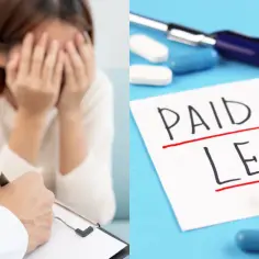 Pacjentka u psychiatry, obok notatka "PAID SICK LEAVE" i leki. Dowiedz się, l4 od psychiatry ile płatne.