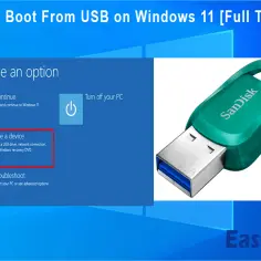 Ekran wyboru opcji Windows 11, pokazujący jak uruchomić pendrive. Obok zielony pendrive SanDisk.