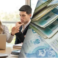 Dyskusja o zarobkach pracownika samorządowego, czy to budżetówka? Stos banknotów 50 zł sugeruje, że temat jest na czasie.
