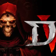 Mroczny szkielet w czerwonej szacie i kapturze, z płonącymi czerwonymi oczami, obok logo Diablo 5.