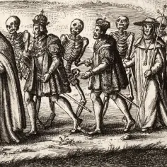 Postacie w korowodzie, od papieża po króla, prowadzone przez szkielety. Klasyczny motyw danse macabre.