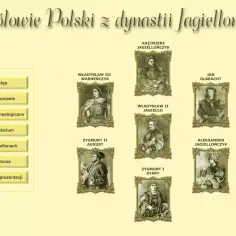 Portret króla z dynastii Jagiellonów, obok innych władców. Menu po lewej zawiera opcję "Jagiellonowie".