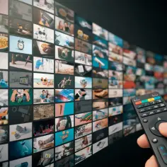 Dłoń trzyma pilota, wybierając treści z ekranu z wieloma oknami, jak w interfejsie **hbbtv**.