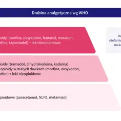 Drabina analgetyczna WHO: silne i słabe opioidy (morfina, kodeina, tramadol) oraz leki nieopioidowe (paracetamol) w leczeniu bólu.