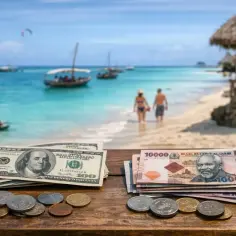 Dwa stosy pieniędzy, dolary i szylingi tanzańskie, leżą na drewnianym stole. W tle tropikalna plaża z turkusową wodą i łodziami. To idealne miejsce na wakacje, gdzie zanzibar waluta jest łatwo dostępna.