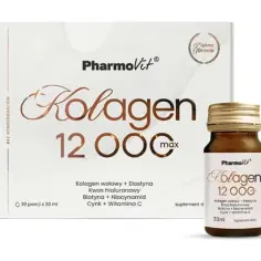 Najlepszy kolagen w płynie od Pharmovit. Opakowanie 30 porcji po 30 ml z kolagenem wołowym, elastyną i witaminą C.
