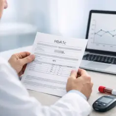 Lekarz analizuje wyniki badania HbA1c, obok leży glukometr i probówka z krwią.