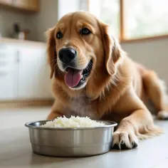Złoty retriever leży obok miski z ryżem, zastanawiając się, czy pies może jeść rosół.