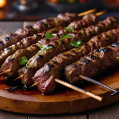 Prawdziwy kebab turecki na drewnianej desce, soczyste mięso na patyczkach, grillowane, z ziołami.