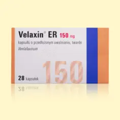 Opakowanie leku Velaxin ER 150 mg, zawierające kapsułki o przedłużonym uwalnianiu z wenlafaksyną.