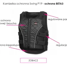 Czarna kamizelka jeździecka z różowymi strzałkami wskazującymi na jej elementy ochronne i regulacyjne.