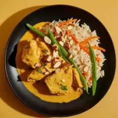 Pyszny kurczak curry z ryżem, fasolką szparagową i migdałami na czarnym talerzu.
