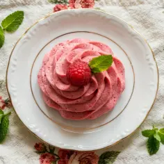 Różowy krem malinowy z mascarpone, udekorowany maliną i miętą, idealny do tortu.