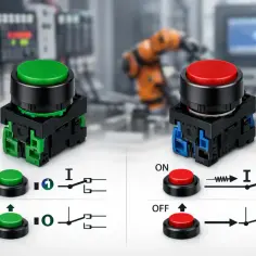 Zielony przycisk monostabilny i czerwony bistabilny. Różnice w działaniu i schematy elektryczne.