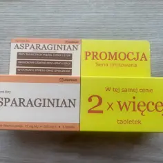 Dwa opakowania suplementu diety Asparaginian. Jedno w promocji, drugie w tej samej cenie 2x więcej tabletek.