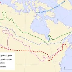 Mapa Kanady z zaznaczonymi granicami państw, północną granicą lasów i upraw oraz izotermą roczną. Pokazuje, z kim graniczy Kanada.