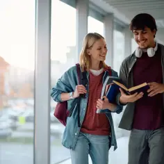 Dwóch studentów rozmawia o książce, idąc korytarzem. To może być przykład tego, co to jest wykształcenie średnie branżowe – praktyczna wiedza zdobywana w szkole.