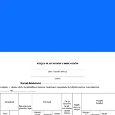 Księga przychodów i rozchodów (KPIR) z polami do wpisania danych firmy, dat, kontrahentów, przychodów i kosztów.