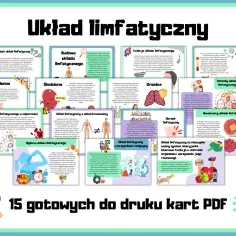 Ilustracja przedstawia schemat układu limfatycznego, jego budowę, funkcje, węzły chłonne, śledzionę, grasicę, choroby i higienę.