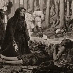 Kobieta w żałobie nad poległym, symbol polskiego mesjanizmu. W tle las i inni żołnierze.