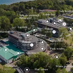 Widok z lotu ptaka na Primavera Spa Jastrzębia Góra z zaznaczonymi atrakcjami: basen, place zabaw, sale konferencyjne, restauracje, SPA.