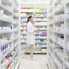 Farmaceutka w białym fartuchu idzie między regałami pełnymi leków. W aptece panuje porządek, a na półkach widać wiele pudełek z lekami, na co warto zwrócić uwagę.