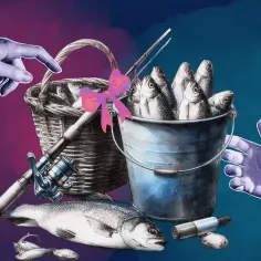Dwie ręce sięgają po ryby: jedna do koszyka, druga do wiadra. Symbolika subsydiarności w akcji, gdzie każdy dostaje to, co potrzebuje.