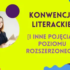 Kobieta z książką, symbol wiedzy, na tle hasła "Konwencje literackie". Poznawanie symboli w literaturze.