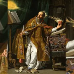 Święty Augustyn, symbol scholastyki, trzyma płonące serce i pióro, otoczony księgami.