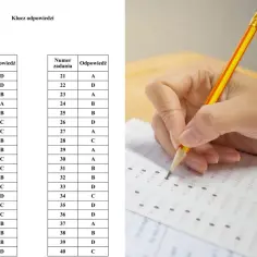 Klucz odpowiedzi do egzaminu zawodowego. Ile razy można poprawić egzamin? Ręka z ołówkiem zaznacza odpowiedzi na arkuszu.